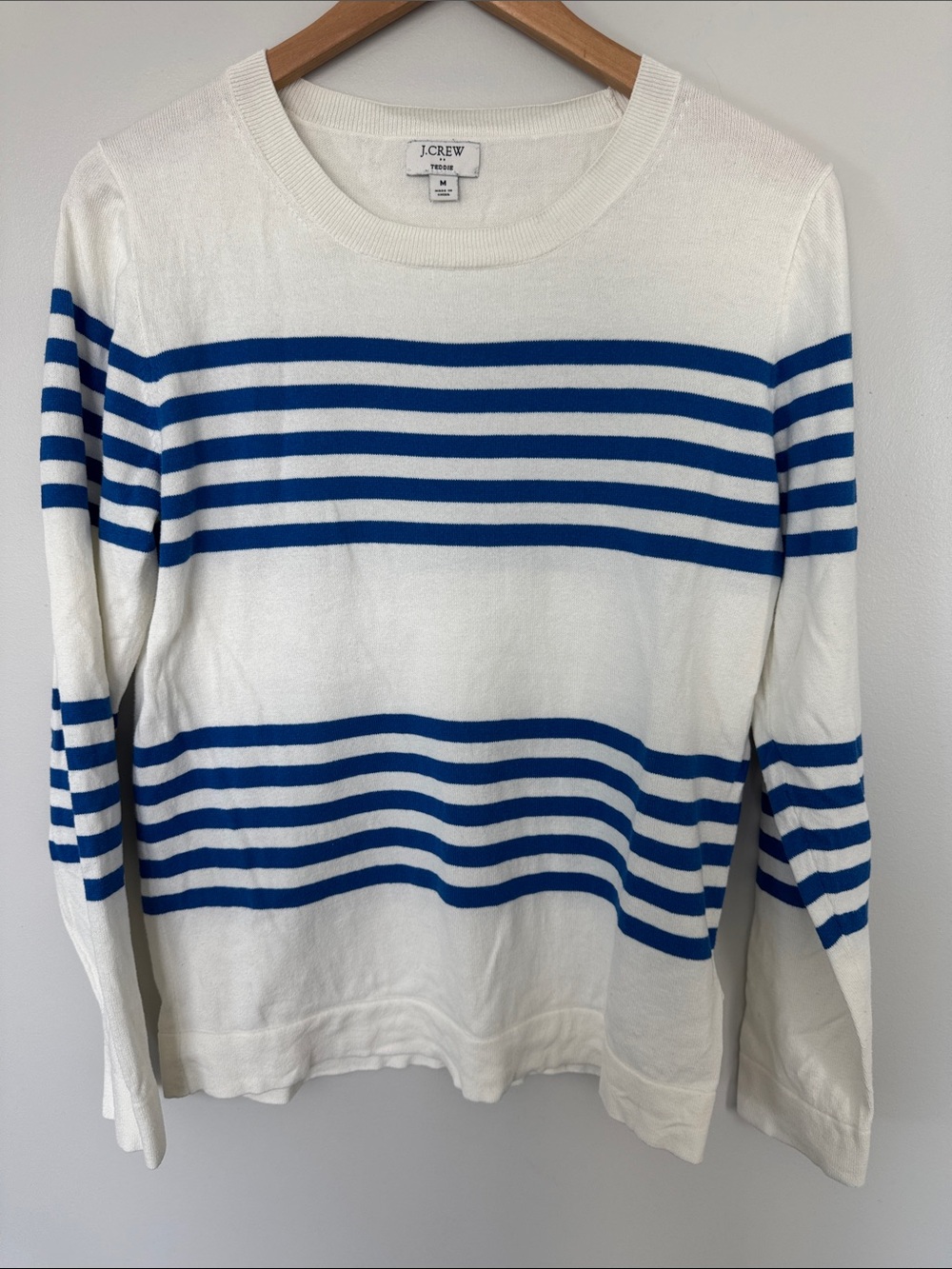 J. Crew White and Blue Striped Crewneck Sweater